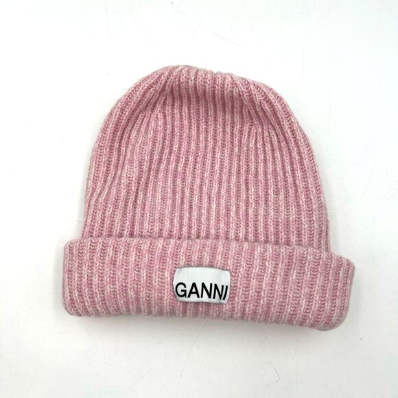 Ganni Pink Oversized Wool Rib Knit Beanie Hat - Picture 2 of 10